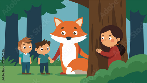 A curious fox peeks out from behind a tree the family frozen in awe as they witness their first sighting of a wild predator.