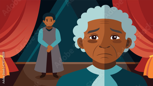 An elder with tears in their eyes remembering their own experience of being freed from slavery while a young actor portrays their story on stage.. Vector illustration
