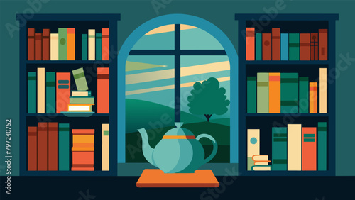 A secluded spot amidst the stacks of vintage books complete with a window seat and a vintage teapot invites friends to take a break and share their. Vector illustration