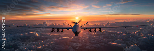 sunset over the lake  Unmanned Military Drone Flying in the Sky above