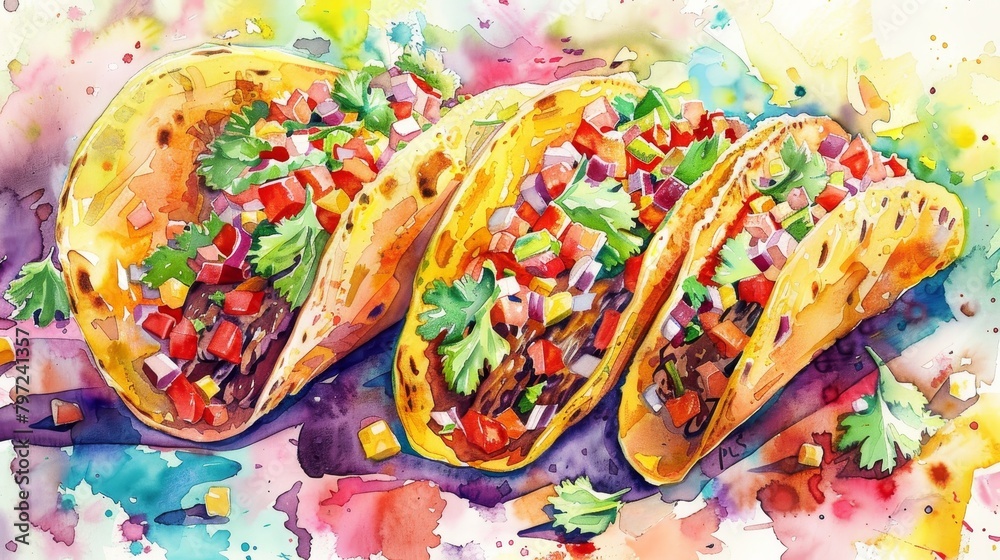 A vibrant watercolor depiction of Mexican street tacos, with bright colors accentuating fresh cilantro and spicy salsa