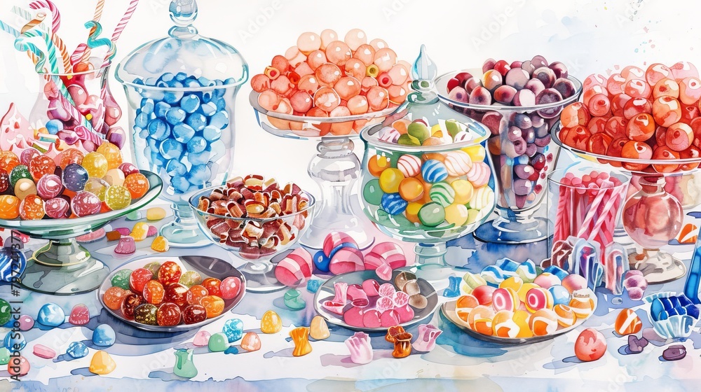 A watercolor depiction of a festive candy buffet with a range of colorful, shiny candies and sweets spread out A watercolor depiction of a festive candy buffet with a range of colorful, shiny candies and sweets spread out