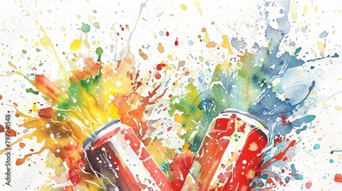 Abstract watercolor of energy drink cans exploding with energy, colorful bursts symbolizing the release of power and vitality