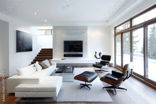 A minimalist living room with a modern sofa chair as the focal point  surrounded by clean lines and understated elegance.