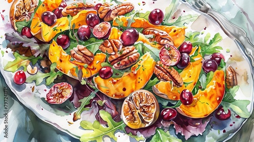 Artistic portrayal of a hearty winter salad with roasted butternut squash, cranberries, and pecans in watercolors, embodying warm and earthy tones