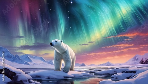  a snowy tundra landscape with a polar bear traversing icy terrain under the Northern Lights."