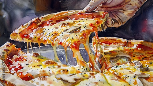 Artistic watercolor depiction of a hand pulling a slice from a deep-dish pizza, the cheese stretching warmly, inviting a bite
