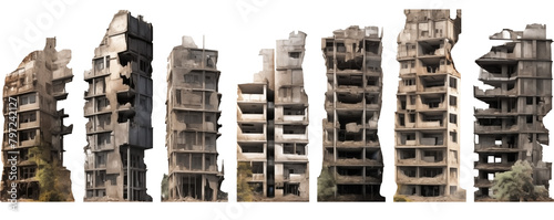 ruined skyscrapers PNG Abandoned buildings isolated on white and transparent background - Destroyed Uninhabited houses Wreckage apocalyptic event