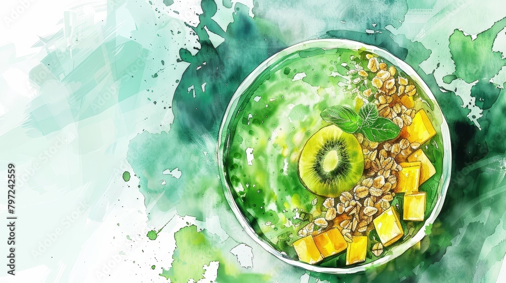 Artistic watercolor rendering of a green smoothie bowl with kiwi, mango, and granola, garnished with a few mint leaves for a fresh look Artistic watercolor rendering of a green smoothie bowl with kiwi, mango, and granola, garnished with a few mint leaves for a fresh look