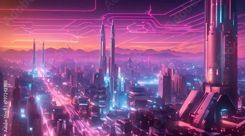 Nighttime in the Neon Jungle, A High-Tech Car Cruises Through a Densely Packed Cyberpunk City photo