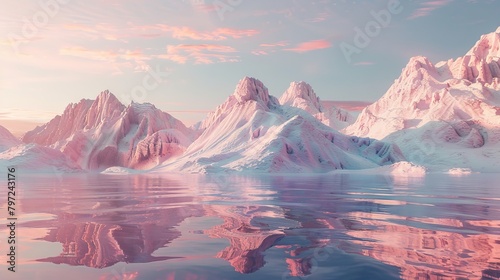 Pink icy mountains reflecting in water at sunset