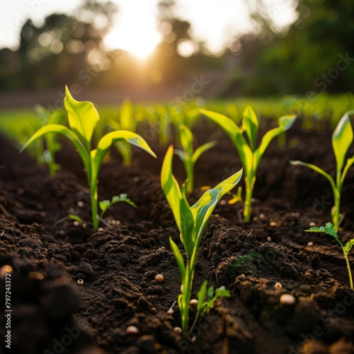 Tiny green corn sprouts growing in a field