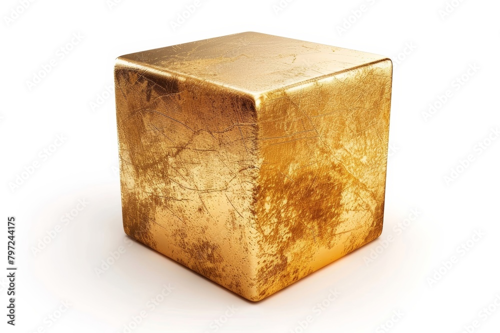 The golden cube stands alone against a white backdrop. The golden cube stands alone against a white backdrop.