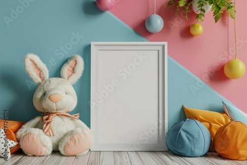 Create a digital mockup of a picture frame in a Nordic-themed kids' room, presented in a 3D rendering.