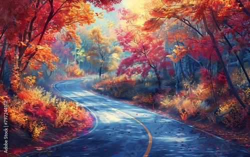 A winding asphalt road meandering through a forest with the vibrant hues of fall foliage, depicted in a digital artwork. photo
