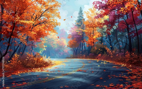 A winding asphalt road meandering through a forest with the vibrant hues of fall foliage, depicted in a digital artwork.