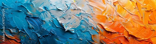 Vibrant blue and orange abstract artwork with bold brushstrokes and textured layers on canvas.