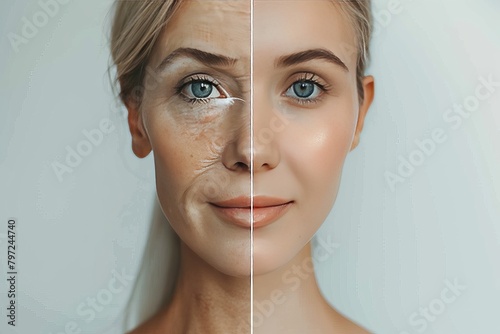 Aging optimistic identities set against dry skin tips, integrating process mindsets with face lift realities and management of facial aging using senescent cell techniques.