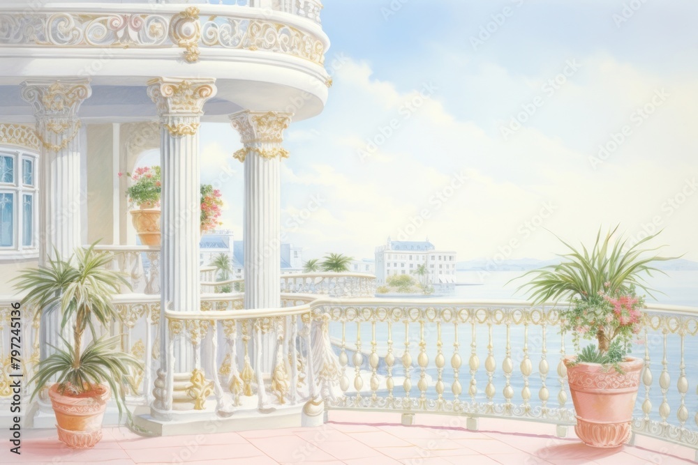 Naklejka premium Painting of balcony border architecture building furniture.