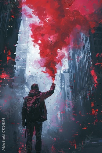 A person is raising a crimson smoke signal above their head as they brave the post-apocalyptic realm, depicted in a digital art form with illustrative brush strokes.