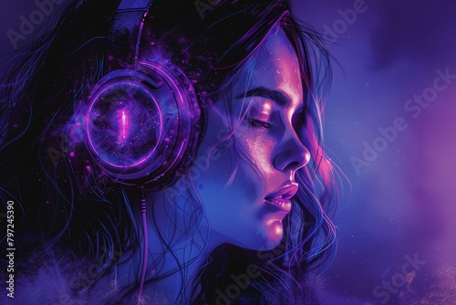 A female figure wearing illuminated headphones against a black backdrop, depicted in a painted illustration.