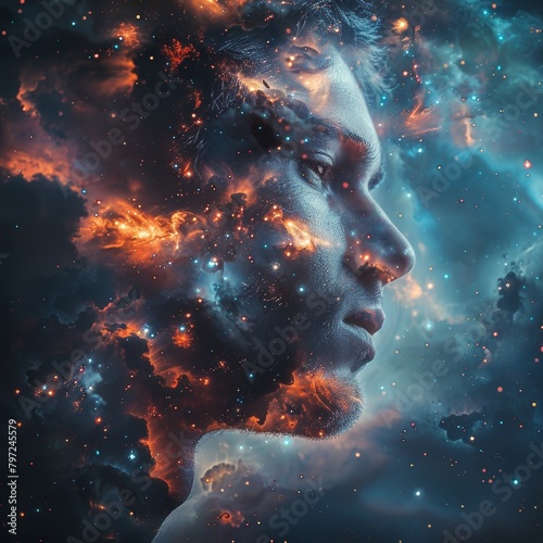 The man's expression is illuminated against a mesmerizing backdrop of swirling galaxies and nebulae.