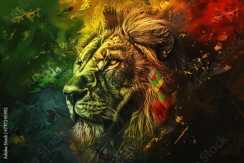 A depiction of the Rastafarian Lion of Judah  adorned with the colors of the Ethiopian flag