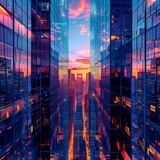 Tall buildings in a modern city during sunrise, advanced technology hub, artistic view of urban landscape and mirroring - Architectural cyan backdrop for professional and commerce pamphlet design