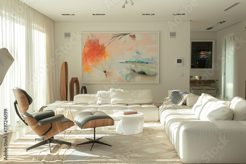 A sophisticated living space with a modern sofa chair as the centerpiece  surrounded by contemporary artwork and designer accents.