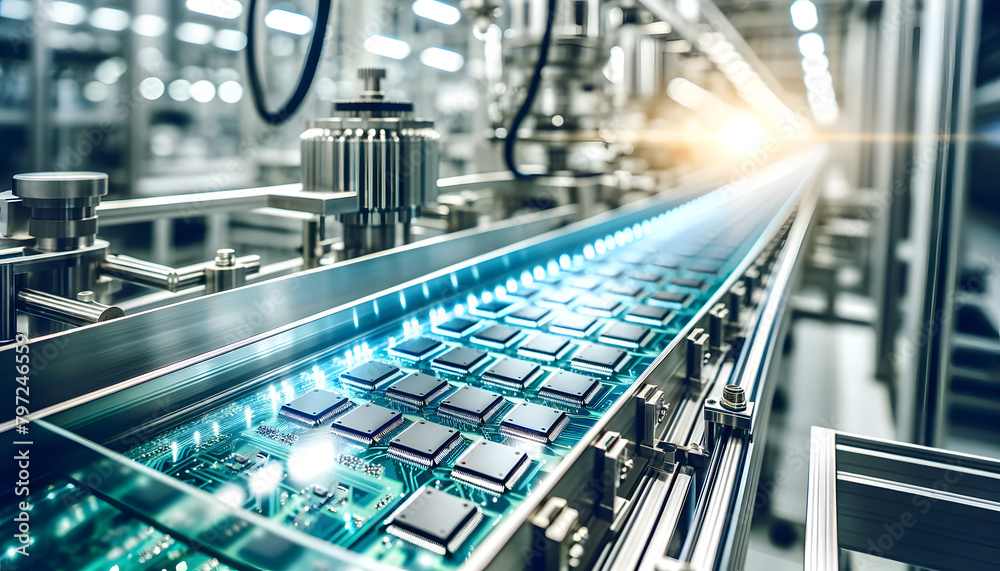 a computer chip production line, technologically advanced perspective of the production process. a computer chip production line, technologically advanced perspective of the production process.
