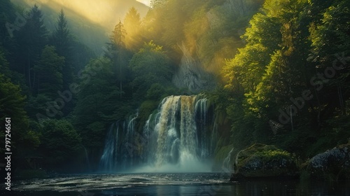An early morning view of a forest waterfall,
