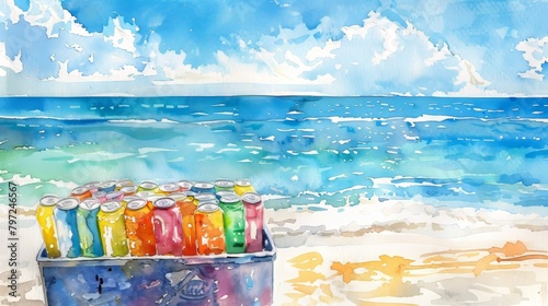 Delicate watercolor of a beach setting with a cooler full of colorful soda cans, the ocean in the background offering a refreshing escape