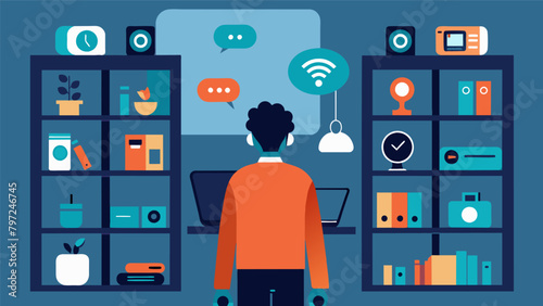 A person standing in front of a shelf filled with smart devices trying to decide if the convenience they provide is worth sacrificing their cognitive.
