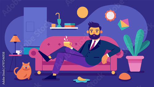 A man lounges on his plush couch surrounded by luxurious decorations and possessions but with a look of dissatisfaction on his face.