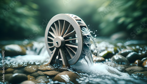 theme of renewable energy. depicting a small hydroelectric water wheel in a clear stream