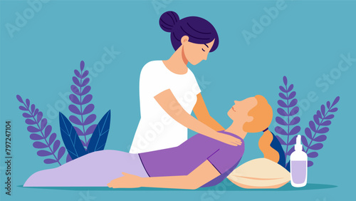 The calming scent of lavender essential oil filling the air as a massage the kneads away builtup tension in a clients shoulders and neck..