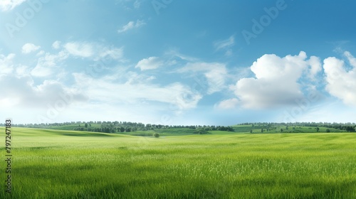 View of a wide green meadow with a clear sky in the background