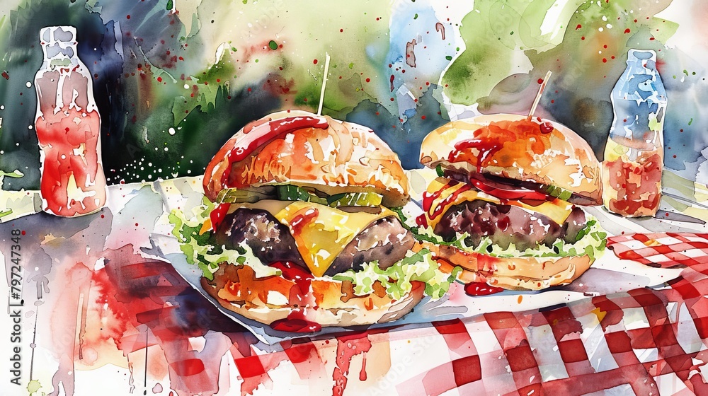 Dynamic watercolor scene of a picnic table with a plate of burgers, the focus on a half-eaten burger revealing its juicy inside - obrazy, fototapety, plakaty 