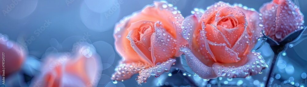 Close-up of dew-kissed roses with a deep blue hue in soft focus Close-up of dew-kissed roses with a deep blue hue in soft focus