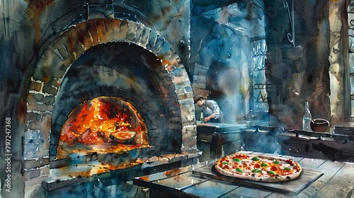 Dynamic watercolor view inside a pizzeria with a pizza being taken out of a brick oven, embers glowing warmly photo
