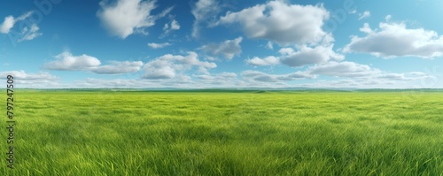 View of a wide green meadow with a clear sky in the background