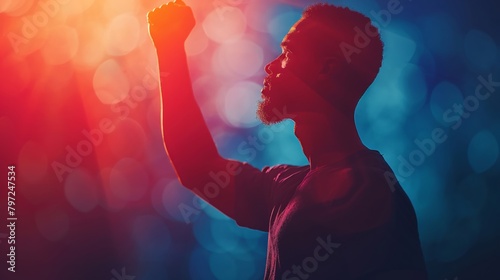 A confident young Black American proudly raises their fist in front of the American flag, protesting peacefully for racial equality and justice - supporting the Black Lives Matter movement. photo