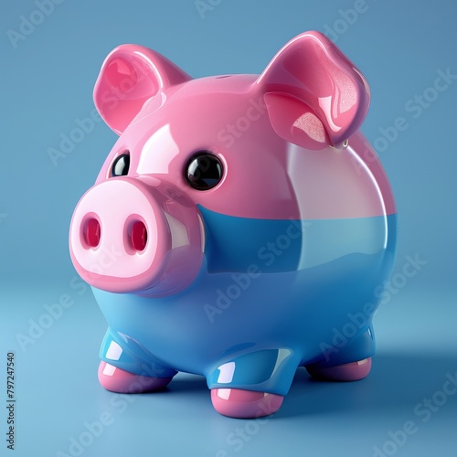 A blue and pink pig-shaped piggy bank stands alone against a blue backdrop - AI-generated.