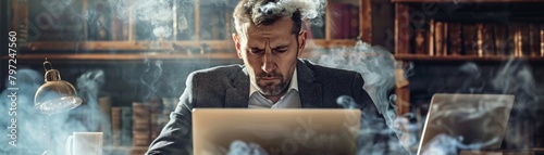 An exhausted professional sitting in front of a computer, steam rising from his head, experiencing burnout due to an overwhelming workload.