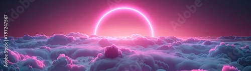 Dreamy pink neon halo above soft clouds with a surreal glow