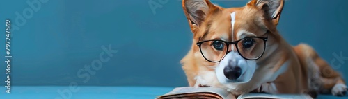 Dog with glasses on blue background reading a book photo