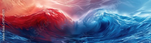 Dramatic abstract portrayal of red and blue ocean waves colliding photo