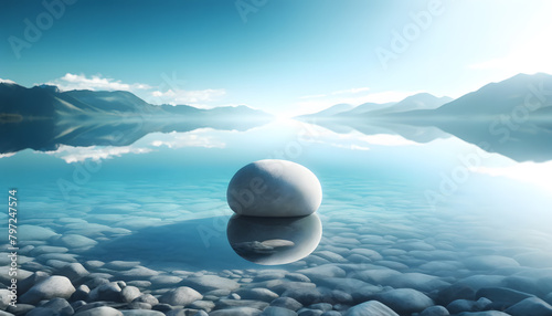 a pristine, clear lake reflecting a perfect blue sky, with a single smooth stone at the edge of the water