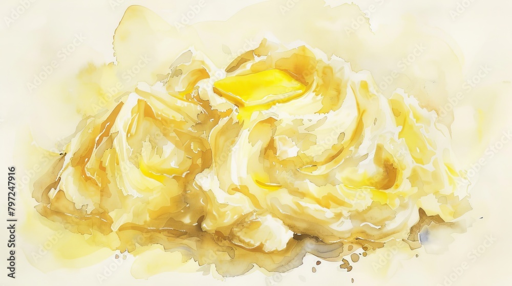 Homely watercolor depiction of creamy mashed potatoes with a pat of melting butter, strokes of yellow and white mingling for a cozy feel Homely watercolor depiction of creamy mashed potatoes with a pat of melting butter, strokes of yellow and white mingling for a cozy feel