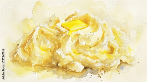 Homely watercolor depiction of creamy mashed potatoes with a pat of melting butter, strokes of yellow and white mingling for a cozy feel